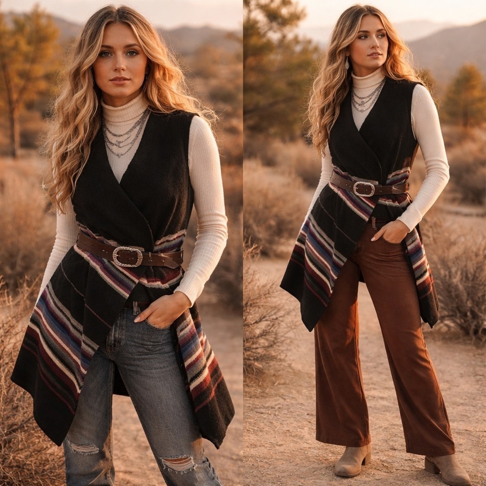 Joie Wool Southwest Stripe Draped Waterfall Wrap Vest Boho Western S